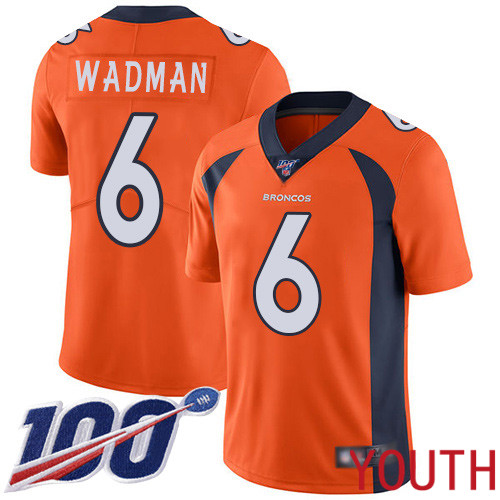 Youth Denver Broncos 6 Colby Wadman Orange Team Color Vapor Untouchable Limited Player 100th Season Football NFL Jersey